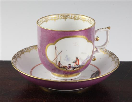 A Meissen coffee cup and saucer, c.1730, height 6.6cm, cup restored